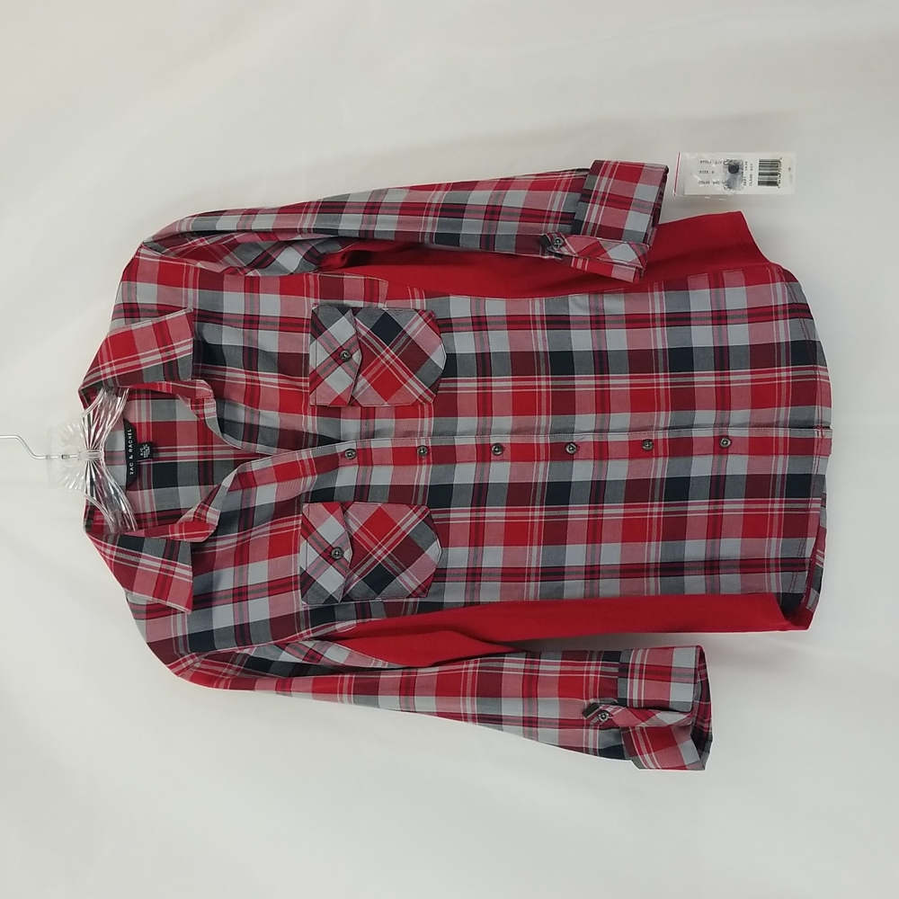 ZAC & RACHEL Red Plaid Adjustable Sleeve Button-Down with Pockets